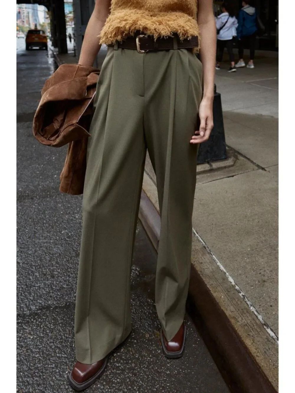 Zara Womens Paper Bag Pants XS Green Pleated Wide Belted Trousers 9929/225 NWT